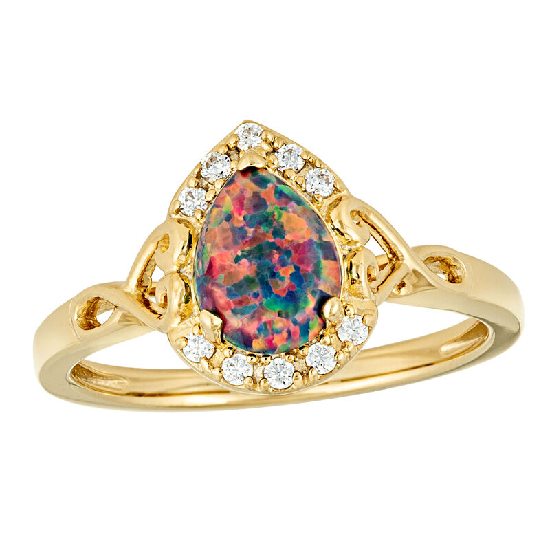 Pear Shape Created Opal & Lab Grown Diamond Swirl Heart Ring in 10k Yellow Gold image number null